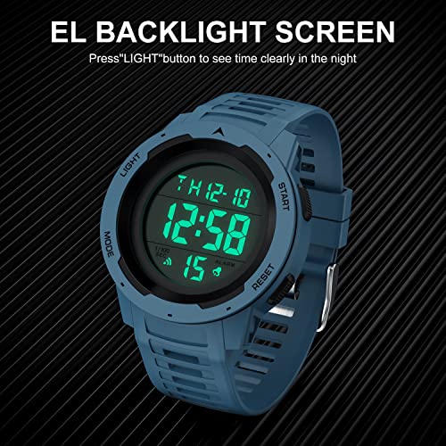 GOLDEN HOUR Mens Waterproof Digital Sport Watches Wide Screen Easy Read Display Military Style with Rubber Strap - color: blue