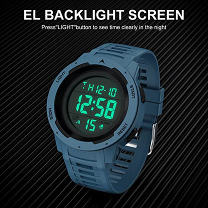 GOLDEN HOUR Mens Waterproof Digital Sport Watches Wide Screen Easy Read Display Military Style with Rubber Strap - color: blue