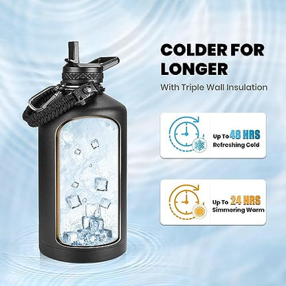 RAYMYLO One Gallon Water Bottle Insulated 128 oz, Stainless Steel - color: Magic Black, size: 128 Ounces