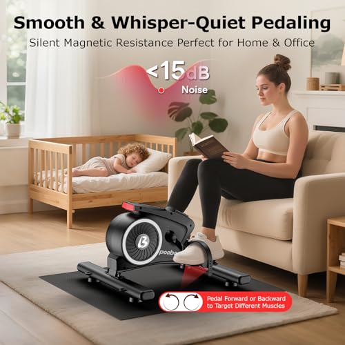 pooboo Under Desk Bike Pedal Exerciser, Quiet Magnetic Mini Exercise Bike with 16 Resistance Levels, Arm & Leg Workout, Resistance Bands，Desk Pedal Bike for Home/Office Workout