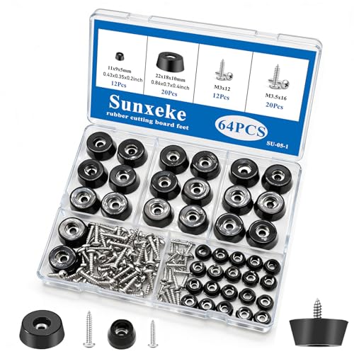 64Pcs Rubber Feet for Cutting Board with Stainless Washer Screws Assortment Kit,2 Sizes (0.433inch , 0.813inch),Non Slip Rubber Bumper Feet for Furniture,Cabinets,Electronics(13/16"W x 3/8"H) - size: 64pcs - 2 size
