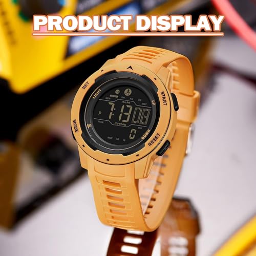findtime Men's Digital Watch Waterproof Pedometer Watches Sport Watch Step Counter Calorie Military Watch with Stopwatch Alarm LED Backlight Countdown - color: yellow