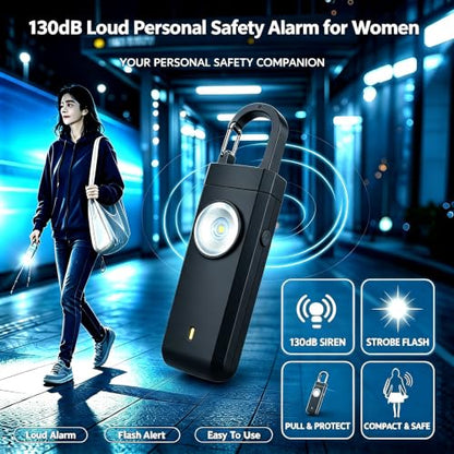 Personal Alarm Keychain 130dB Loud Siren, USB-C Safety Alarm with LED Flashlight & Strobe Light, Emergency Panic Button for Women, Elderly, Seniors, Night Running, Outdoor Travel (Black) - color: Black