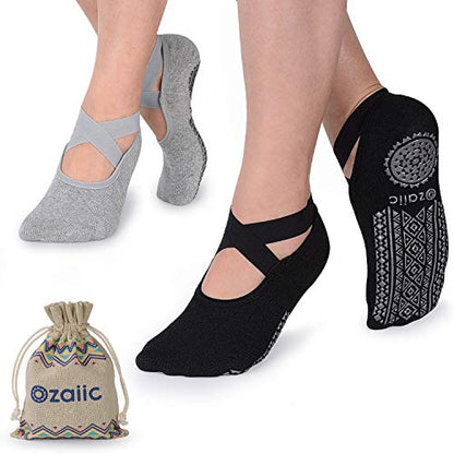 Ozaiic Pilates Socks for Women Non Slip Grip Yoga Barefoot Indoor Workout - color: 2p- Black/Gray