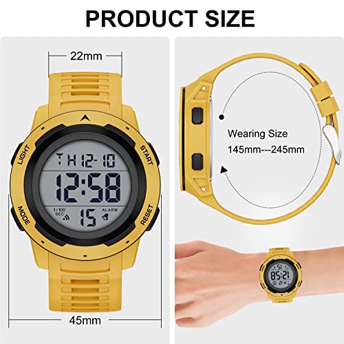 GOLDEN HOUR Mens Waterproof Digital Sport Watches Wide Screen Easy Read Display Military Style with Rubber Strap - color: yelllow