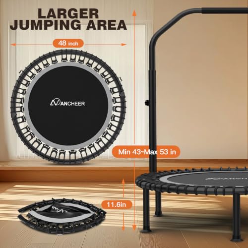ANCHEER 40"/48" Foldable Mini Trampoline with Adjustable Handle for Adults - color: Silver, size: 48 inch