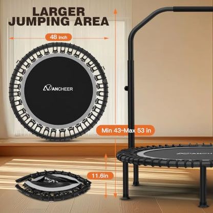 ANCHEER 40"/48" Foldable Mini Trampoline with Adjustable Handle for Adults - color: Silver, size: 48 inch