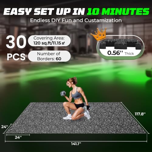 PRAISUN 0.56" Rubber Top Gym Flooring, Heavy Duty Gym Mats for Home Gym - size: 30 Tiles (120 Sq Ft)