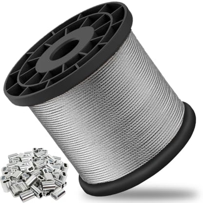 1/16 Wire Rope, 500FT 304 Stainless Steel Cable with 180Pcs Crimp Sleeves, Aircraft Grade, 7x7 Strand, 368lbs Breaking Strength, for Garden Trellis, Clothesline, Railing,Trellis - size: 500 ft
