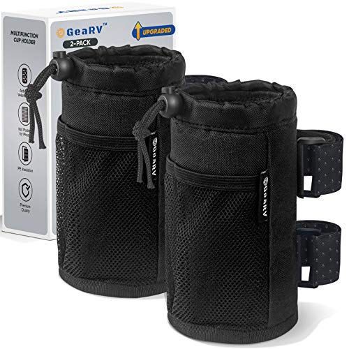 GEARV 2Pack Cup Holder for Bike, Scooter and Wheelchair, Water Bottle Holder for UTV/ATV, Walker, Golf Cart and Beach, Universal Drink Holder Accessories with Net Pocket and Cord Lock (Black) - color: Black