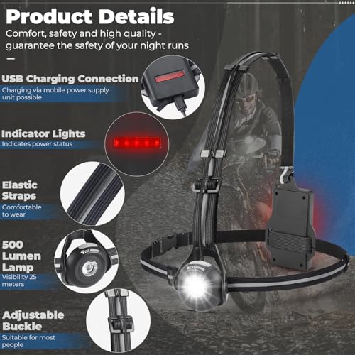 West Biking Night Running Lights, USB Rechargeable Chest Light with 90° Adjustable Beam Angle, 500 Lumens Waterproof Ultra Bright SafetyLamp with Reflective Straps for Runner