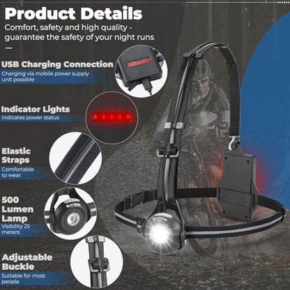 West Biking Night Running Lights, USB Rechargeable Chest Light with 90° Adjustable Beam Angle, 500 Lumens Waterproof Ultra Bright SafetyLamp with Reflective Straps for Runner