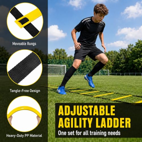 Simple Deluxe Agility Ladder Speed Training Equipment Set, 20ft Speed Ladder, 4 Adjustable Hurdles, Resistance Parachute, 12 Soccer Cones, Jump Rope, Ground Stakes for Football & Fitness - color: Yellow