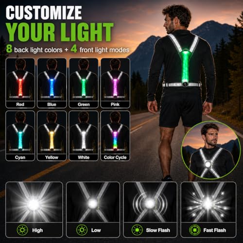 500LM Running Lights for Runners,7+8 Front & Back Light Modes & 360° Reflective Running Vest with Light Up Zip Waist Bag,IPX4 Waterproof High Visibility Rechargeable Gear for Night Walking/Cycling - color: green