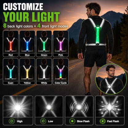 500LM Running Lights for Runners,7+8 Front & Back Light Modes & 360° Reflective Running Vest with Light Up Zip Waist Bag,IPX4 Waterproof High Visibility Rechargeable Gear for Night Walking/Cycling - color: green