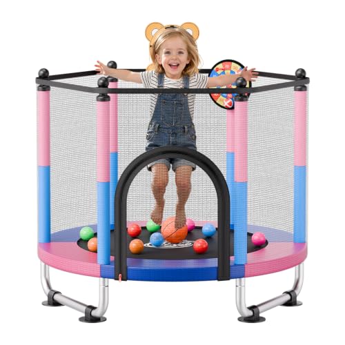 VEVOR 3FT Trampoline 36" Trampolines Indoor/Outdoor Trampoline for Toddlers, Foldable Mini Baby Jump Toy with Foam Handle, Recreational Trampolines Birthday Gift for 3+ Years Kids - color: 55" Blue+Pink, size: 4.6 ft