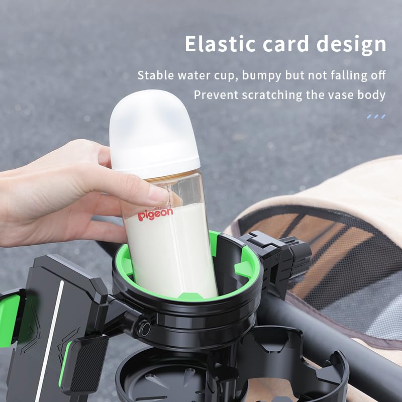 3-in-1 Stroller Cup Phone Holder Attachment, Cup Holder with Phone Mount for Walker, Wheelchair, Stroller, Universal Double Cup Holder Fits Most Donna, Uppababy, Bugaboo, Anti-Slip & Easy Install