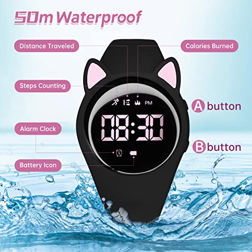 Kids Watch, Digital Watch, Sport Watch with Alarm Clock, Stopwatch, Waterproof Fitness Tracker with No App for Ages 5-12 Children (MEHeipin-Black Pink)