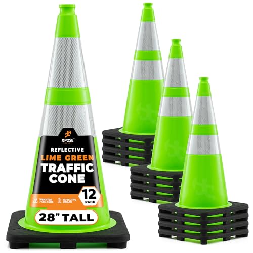 Xpose Safety 28” Lime Green Traffic Cone Dual 6" & 4" Reflective Collar - color: Lime, size: 28" 7lb. Cone