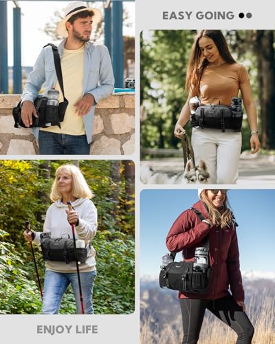 WATERFLY Large Hiking Fanny Pack: 3L Waist Bag with 2 Bottle Holders for Women Men - 9 Pockets & Adjustable Belt Lumbar Hip Packs for Travel Running Cycling Camping Workout (Bottles Not Included) - color: Gray-black