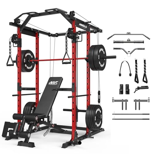 Mikolo Power Cage, Power Rack with Cable Crossover System, 1500LBS Squat Rack with LAT Pull Down System, Workout Cage with Pulley System for Fitness Home Gym - color: Red, style: Package with BP 370LB