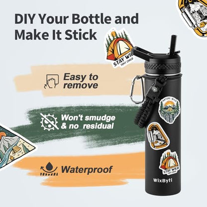 WixByti 24 oz Insulated Water Bottle with Straw, Stainless Steel Water Jug - color: Black, size: 24 Ounces