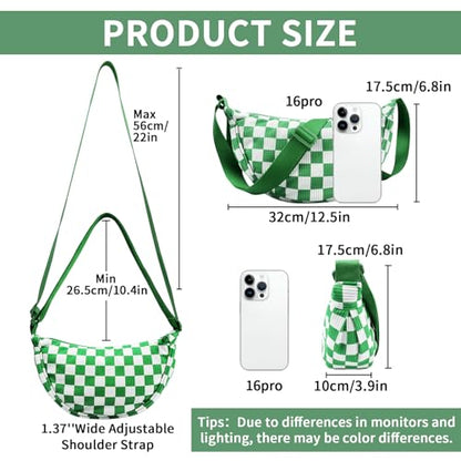 Nylon Crescent Crossbody Bag for Women Purses Trendy Men,Small Travel Sling Bag Hobo - color: Checkered-green, size: Small