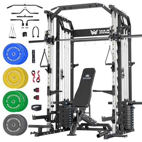 Major Fitness Drone2 Advanced Training Smith Machines– All-in-One Home Gym Squat Rack with Aluminum Pulley Set , Weight Bar, Dual LAT Pull-Down Systems & Cable Crossover Machine for Full-Body Workouts - style: SL D2AW Package(with BK Elite Bench+230lb)