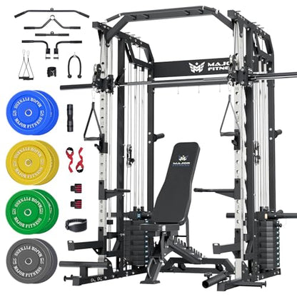 Major Fitness Drone2 Advanced Training Smith Machines– All-in-One Home Gym Squat Rack with Aluminum Pulley Set , Weight Bar, Dual LAT Pull-Down Systems & Cable Crossover Machine for Full-Body Workouts - style: SL D2AW Package(with BK Elite Bench+230lb)