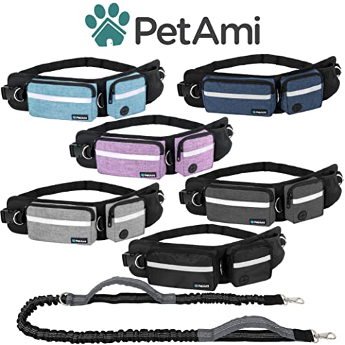 PetAmi Hands Free Dog Leash Belt Bag for Walking, Jogging - Double Zipper Pouch with Poop Bag Dispenser, Dual Padded Handles Reflective Bungee Leash, Single (Navy) - color: Navy, size: 1 Leash