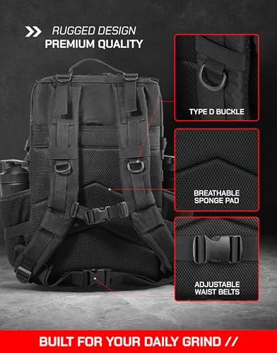 45L Tactical Gym Backpack with 2 Patch Panels, MOLLE System, Dual Bottle Holders & Clamshell Opening - color: Black