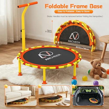 ANCHEER 38" Toddler Trampoline for Kids, ASTM Certified Foldable Mini Trampoline with Adjustable Foam Handle, Indoor & Outdoor Kids Trampoline, Quiet Design, 200 LBS Capacity, Easy Assembly - color: Lemon Yellow