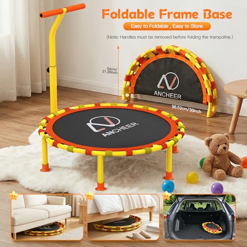 ANCHEER 38" Toddler Trampoline for Kids, ASTM Certified Foldable Mini Trampoline with Adjustable Foam Handle, Indoor & Outdoor Kids Trampoline, Quiet Design, 200 LBS Capacity, Easy Assembly - color: Yellow