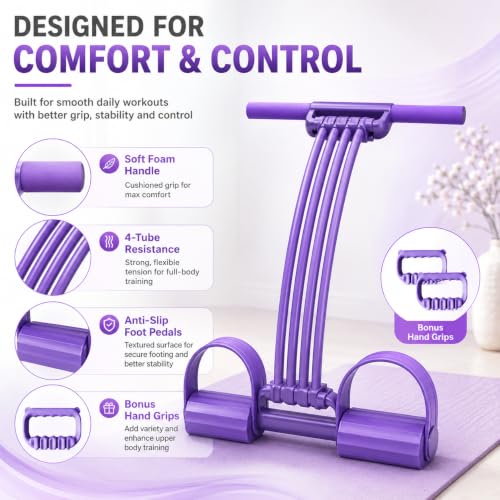 3-in-1 Pedal Resistance Band with Handles, Adjustable 8-Tube Foot Pedal Exerciser for Full Body Workout, Abs, Arms, Legs, Yoga, Stretching, Portable Fitness and Strength Training - color: Purple