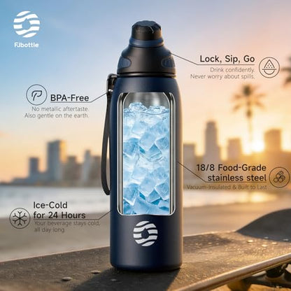 FJbottle 50oz Stainless Steel Insulated Water Bottle No Straw Spout Lid - color: Classic Navy, size: 50 Ounces