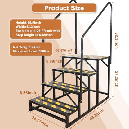 4 Step RV Stairs, Hot Tub Steps, Outdoor Spa Step Ladder with Double Handrail,Portable Economy 5th Wheel Stair for Travel Trailer, Motor Home, Camper and Porch with Non-Skid Tapes - size: RV Stairs - 4 Step with Double Handrail