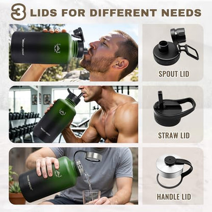 NATURE PIONEOR 64 oz Insulated Water Bottle with Carrier Bag & 3 Lids - color: Green Black, size: 64 Ounces