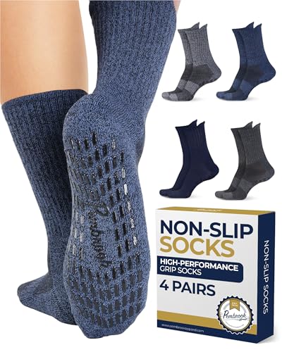 Pembrook Non Slip Crew Grip Socks Men & Women - 4 Pairs | Non Slip Socks for Elderly, Hospital, Pilates, Yoga, Barre, Home - color: Gray, Navy, Blue, Light Gray - 4 Pairs, size: X-Large