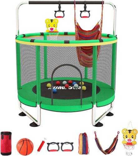 Trampoline for Kids, 55 Inch Adjustable Baby Toddler Trampoline with Basketball Hoop, 440lbs Indoor Outdoor Toddler with Enclosure (Blue) - color: Green