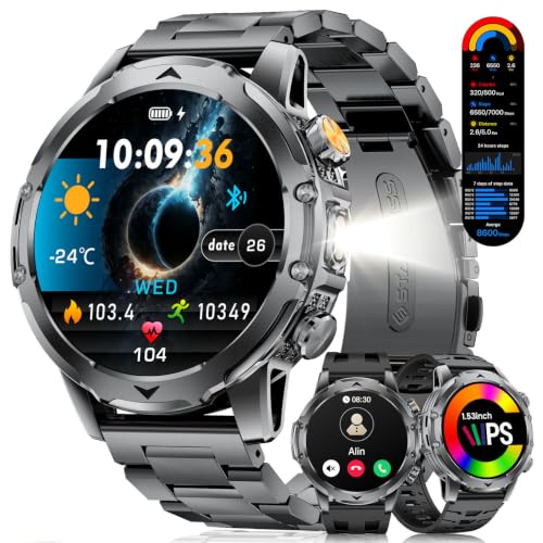 1.53'' Smart Watches for Men with 1000mAh Battery/Flashlight, Military Smart Watch with 120+ Sports Modes, Heart Rate/Sleep Monitor/IP68 Waterproof, Fitness Tracker for Android iOS, Black - color: Black