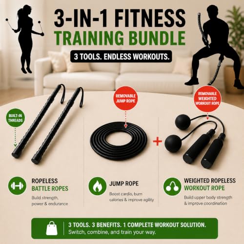 Ropeless Battle Ropes & Weighted Ropeless Skipping Rope Set, Portable Home Gym Equipment for HIIT Cardio Fitness Training, Fat Burning Strength Workout Gear