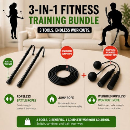 Ropeless Battle Ropes & Weighted Ropeless Skipping Rope Set, Portable Home Gym Equipment for HIIT Cardio Fitness Training, Fat Burning Strength Workout Gear