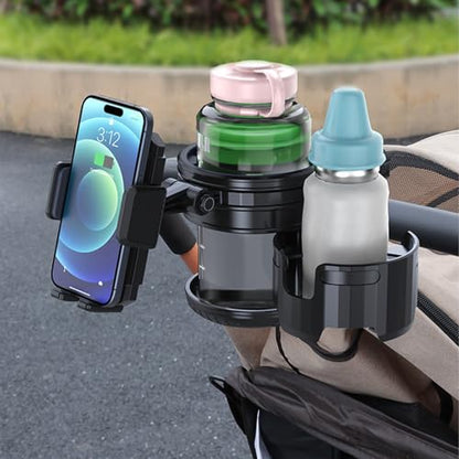 4-in-1 Universal Stroller Cup Holder – Adjustable Single/Double Cup & Phone Holder, 360° Rotatable, Anti-Slip Silicone Grip, Spill-Proof Design for Baby Strollers, bicycles,Wheelchairs, Shopping Carts