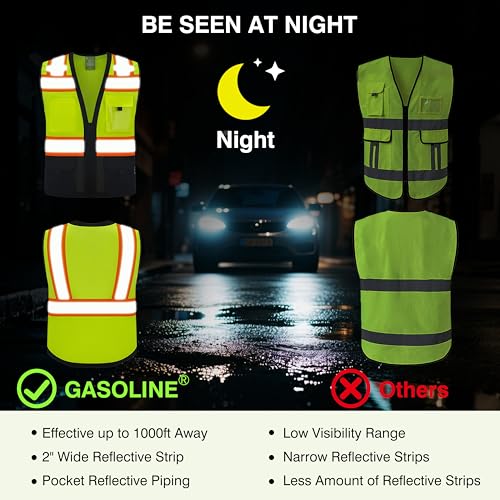 Gasoline Class 2 High Visibility Reflective Safety Vests Women & Men With 5 Pockets And Zipper Front,Meets Ansi/Isea - color: Yellow Black, size: 5X-Large