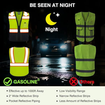 Gasoline Class 2 High Visibility Reflective Safety Vests Women & Men With 5 Pockets And Zipper Front,Meets Ansi/Isea - color: Yellow Black, size: 3X-Large