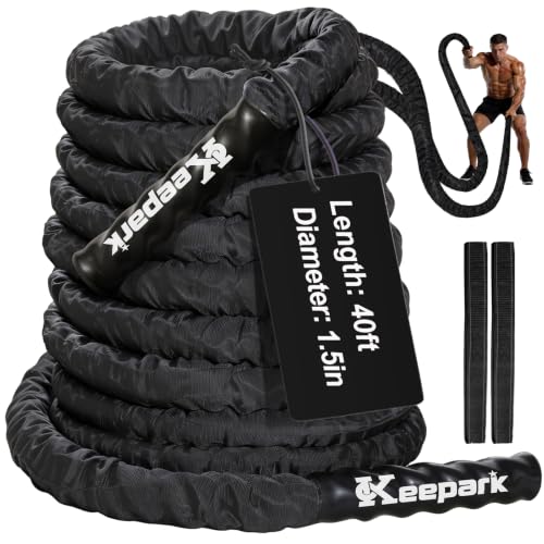 Battle Rope for Home Gym – 1.5 Inch 40FT Heavy Exercise Rope with Wear-Resistant Nylon Sleeve & Anchor Strap - size: 1.5 Inch x 40FT