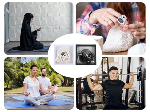 Islamic Tasbih Prayer Beads & Digital Tasbeeh Counter Set, 2 Pieces Elegant Beads with LCD Finger Counter, Elegant Islamic Gift for Dhikr Meditation Ramadan & Eid (Black, White)