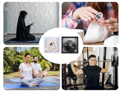 Islamic Tasbih Prayer Beads & Digital Tasbeeh Counter Set, 2 Pieces Elegant Beads with LCD Finger Counter, Elegant Islamic Gift for Dhikr Meditation Ramadan & Eid (Black, White)