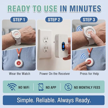 Daytech Wireless Wrist Pager Caregiver Call Button in Home System Watch Alarm Nurse Personal Help Alert for Patients Elderly 2 Watch Call Buttons 2 Plugin Receivers - size: 2 watches+2 receivers