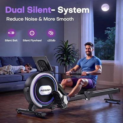 Rowing Machines for Home, 16/32-Level Adjustable Resistance, Magnetic Rowing Machine with App Supported, 350/400 LB Weight Capacity, Upgraded Dual Slide Rails with LCD Data Display Screen - color: Purple